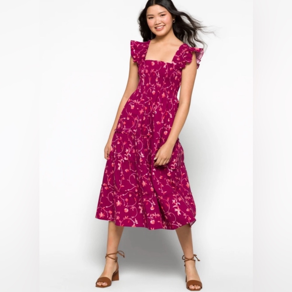 HILL HOUSE Ellie Nap Smocked Midi Dress Size XS In Burgundy Botanical NWT